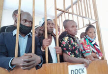 Muhydin Kakooza (2nd left) in the military dock last week.<br />Indeed this is the responsibility of the NUP and its leadership that mobilized these young citizens to support another sixth national participation in the General election administered by the long serving government of the NRM. Many of the citizens in this country have been against continuing such efforts which only qualifies such elections as free and fair when they are not at all. And the opposition is entrapped in such a circle of an election corruption process that has no end in sight. <br />And with such maximum imprisonment of civilians in a military prison in the name of Uganda Peoples Defense forces, it is very unfortunate indeed. This African political and military outfit of the UPDF must at once change its name to just a Uganda Army as it was during the military regimes that have gone before it.