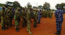 UPDF and riot police officers listening to instructions from their commanders at Hoima Central police station ahead of their deployment on September 24, 2019. URN PHOTO  <br />Museveni, Bobi Wine campaign in Hoima town: